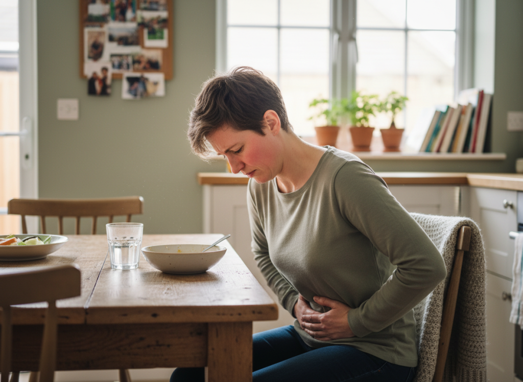 (courierpharmacy.co.uk): Real-life style image of an adult at home after eating, holding their abdomen, with subtle cues of flushing, fatigue and discomfort.