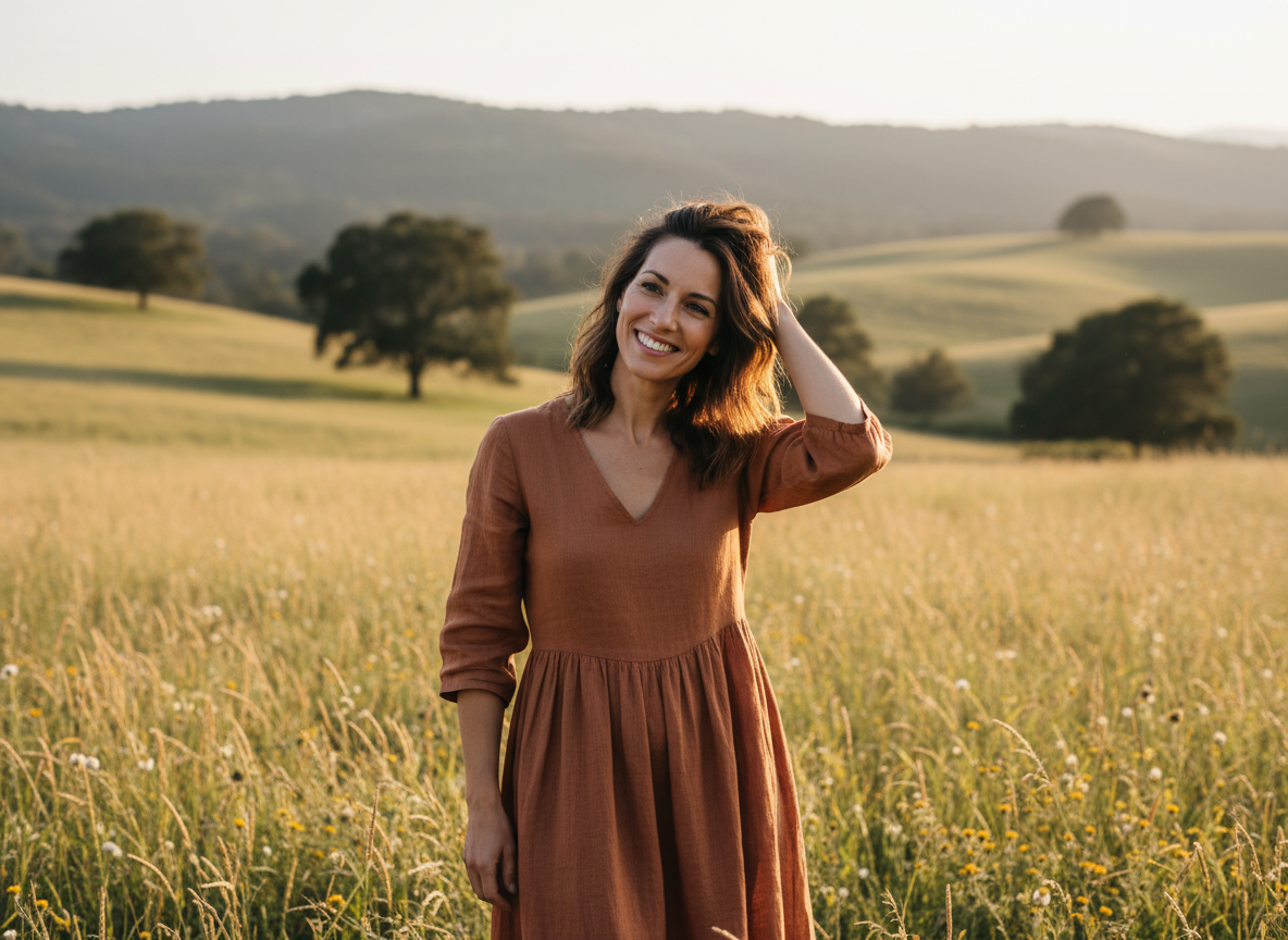 Woman outdoors in soft daylight smiling with confidence while gently touching her hair. courierpharmacy.co.uk