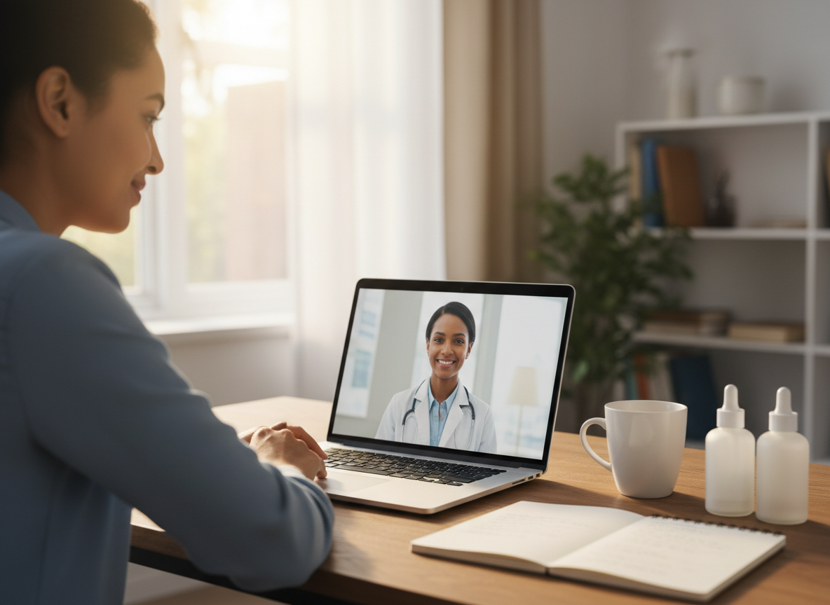 Real-life image of a person having an online consultation about hyperpigmentation treatment on a laptop for courierpharmacy.co.uk