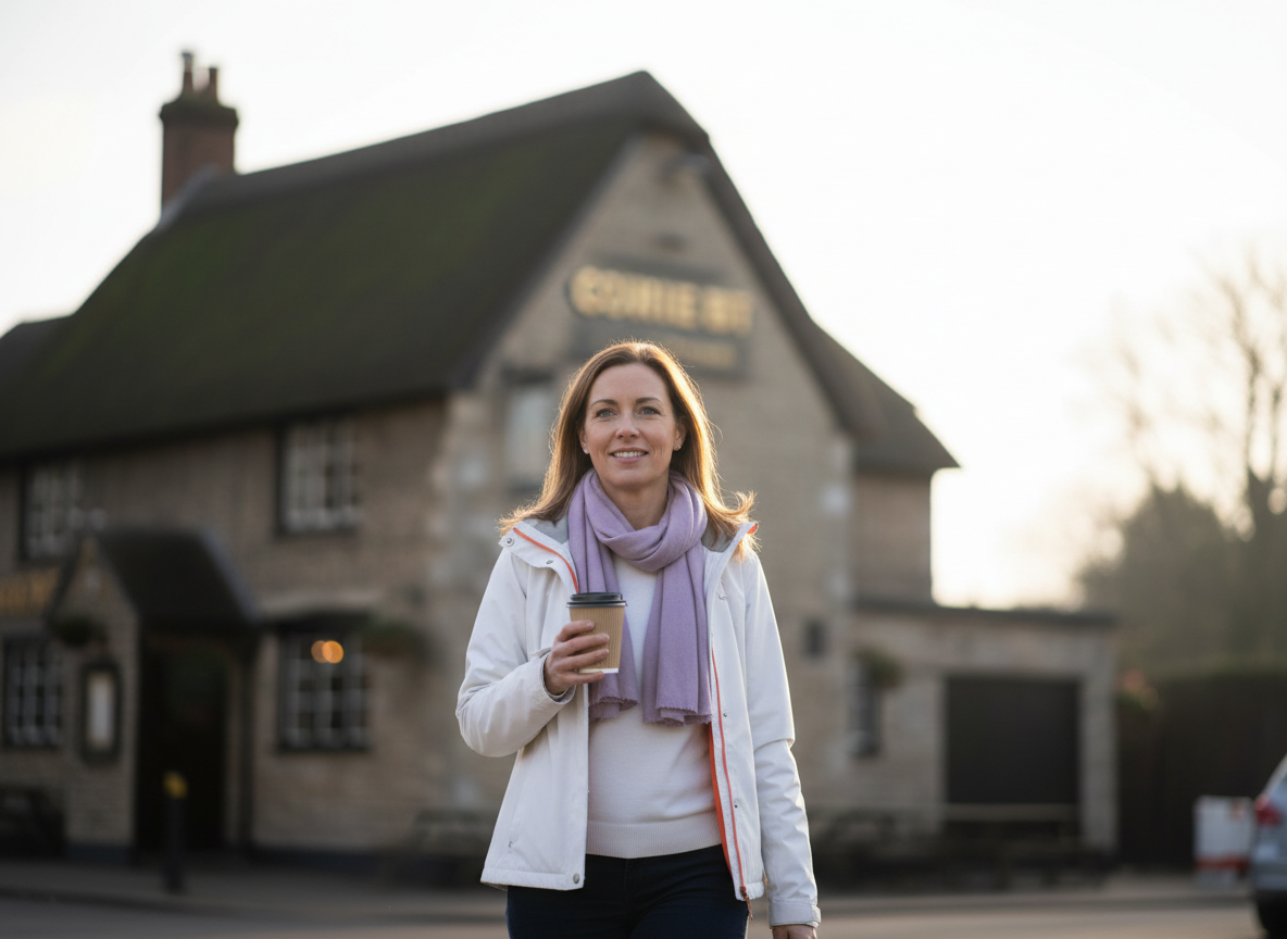 UK adult on a morning walk looking calm and confident, passing a blurred pub in the background without reacting.