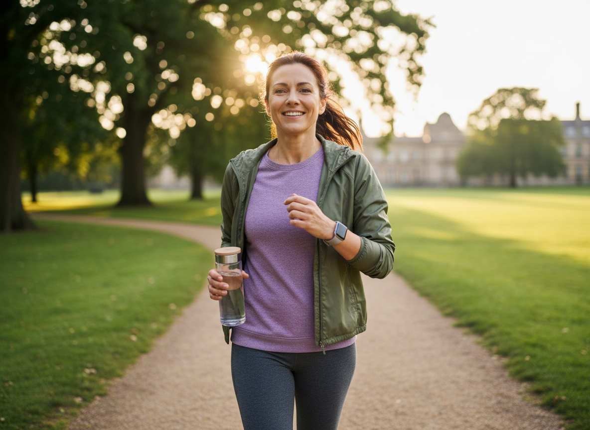 Woman walking in a UK park at sunrise, smiling and confident, representing maintaining weight loss after GLP?1 treatment (courierpharmacy.co.uk).