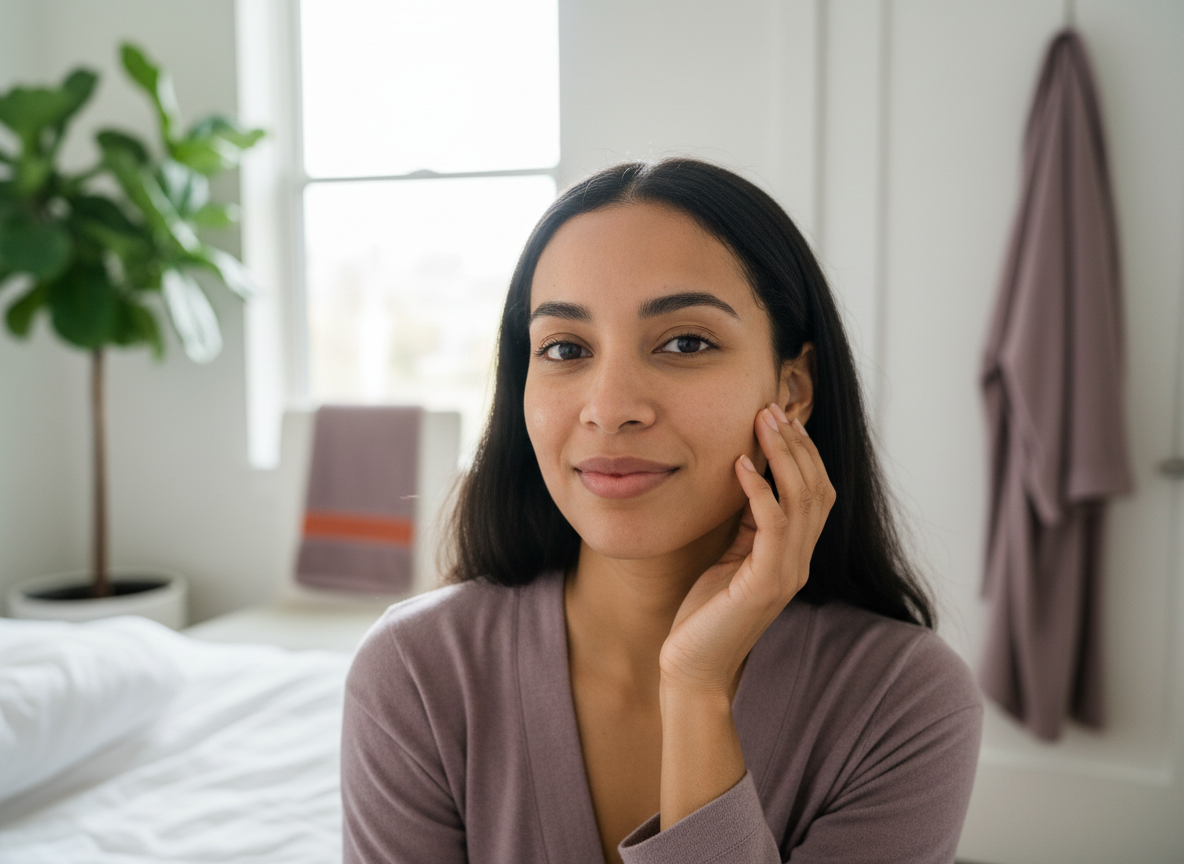 Real-life success photo showing a person with a more even skin tone after treating hyperpigmentation, in soft morning light for courierpharmacy.co.uk