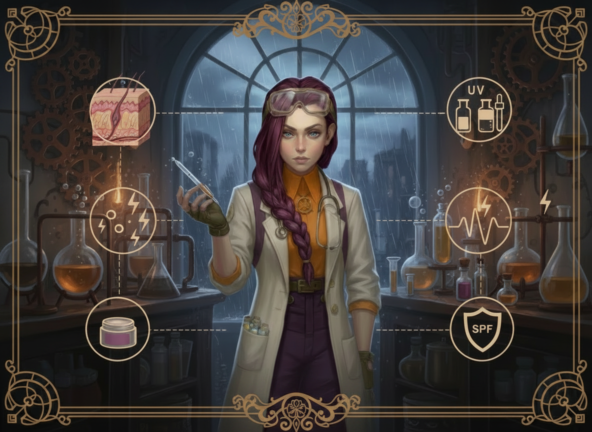 Dr Ada Jex Cori in a noir steampunk lab collage showing skin layers, pigment, sun exposure and treatment symbols for hyperpigmentation on courierpharmacy.co.uk