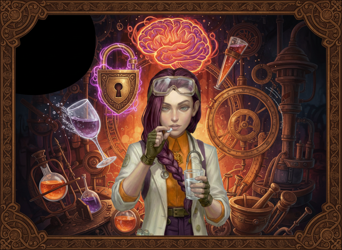 Dr Ada Jex Cori in a steampunk lab hero collage with a glowing brain reward motif, padlock blockade symbol and fading alcohol cue, illustrating The Sinclair Method on courierpharmacy.co.uk.