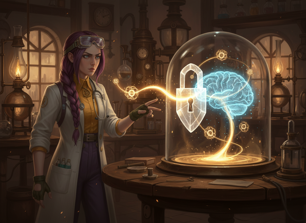 Dr Ada Jex Cori presents a glowing brain reward circuit with a shield and padlock barrier stopping a bright reward signal, illustrating naltrexone’s blockade in The Sinclair Method on courierpharmacy.co.uk.