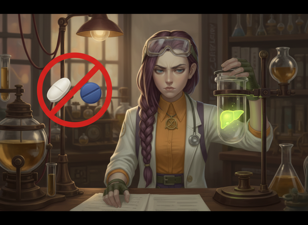  Dr Ada Jex Cori in a consultation-style scene with visual symbols for opioid incompatibility and liver function testing, showing safety checks for naltrexone on courierpharmacy.co.uk.