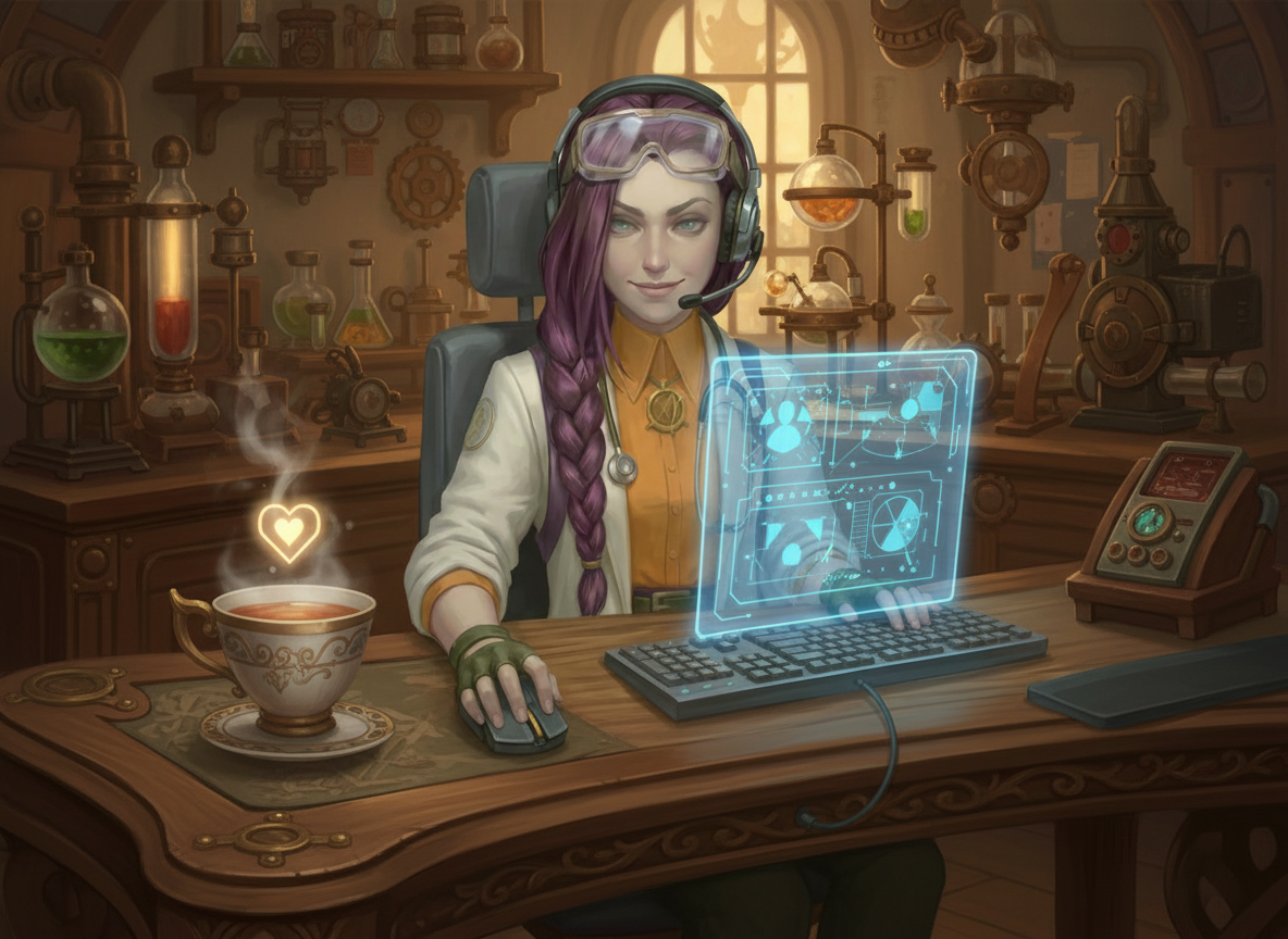  Dr Ada Jex Cori seated at a desk with a headset and abstract screen interface, representing confidential FAQs and support for The Sinclair Method on courierpharmacy.co.uk.