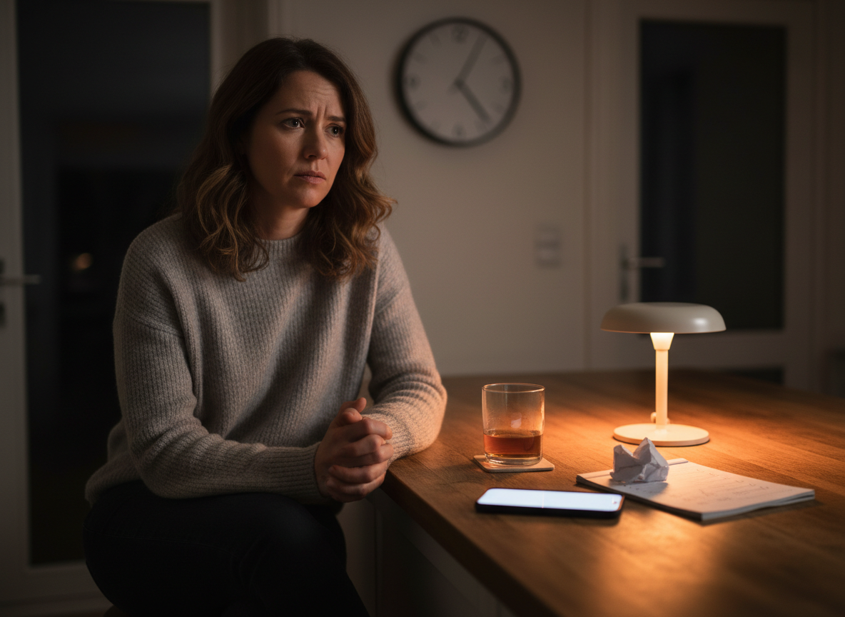 Real-life editorial-style image of an adult at home in the evening looking conflicted with a drink nearby, representing alcohol habit loops discussed in The Sinclair Method on courierpharmacy.co.uk.