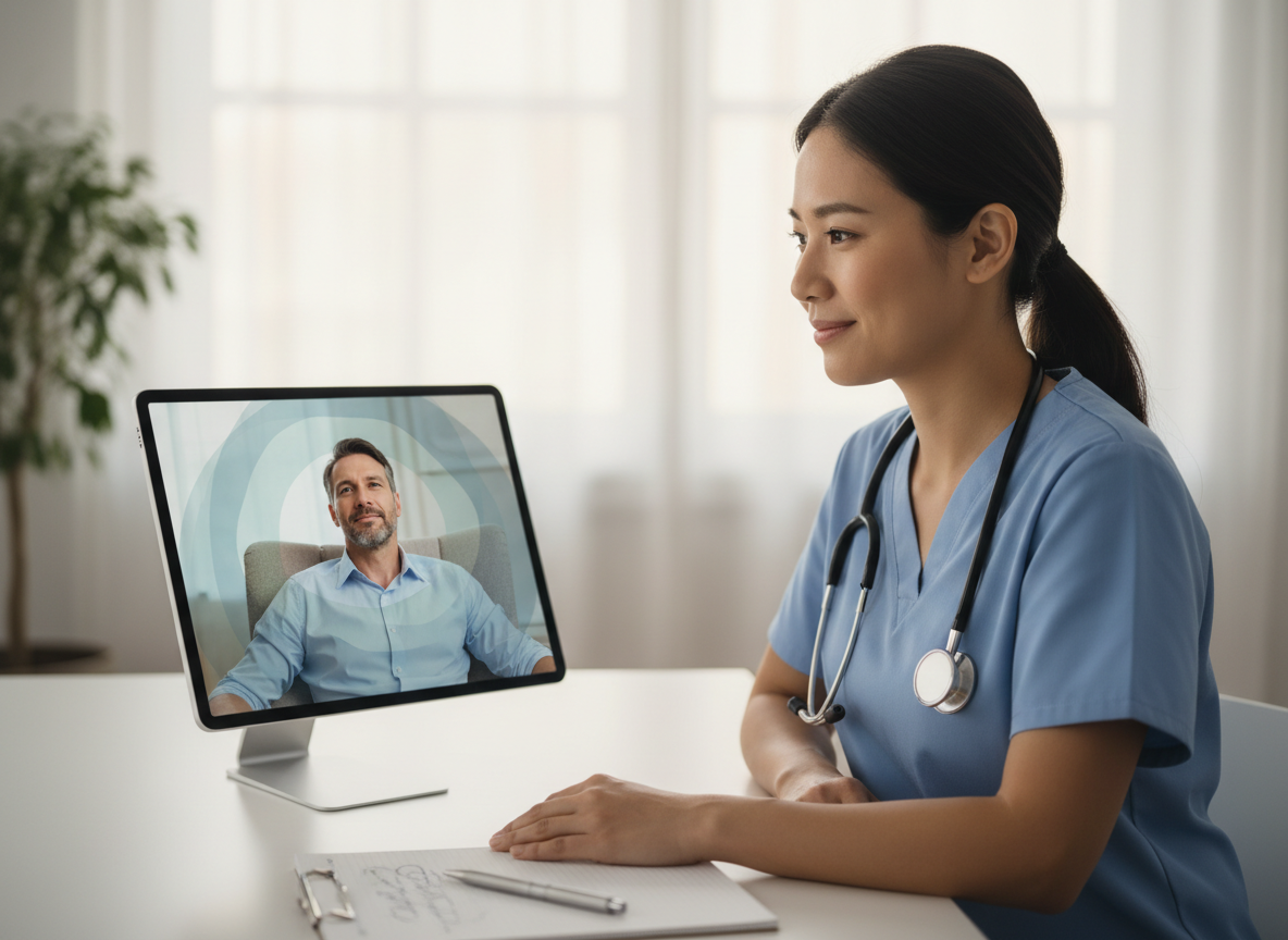 Real-life consultation scene with a patient speaking to a clinician in a calm private setting, representing assessment and support before The Sinclair Method on courierpharmacy.co.uk.