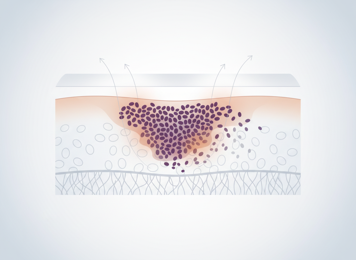 Technical skin layer cutaway showing concentrated melanin and gradual fading through skin turnover for hyperpigmentation on courierpharmacy.co.uk