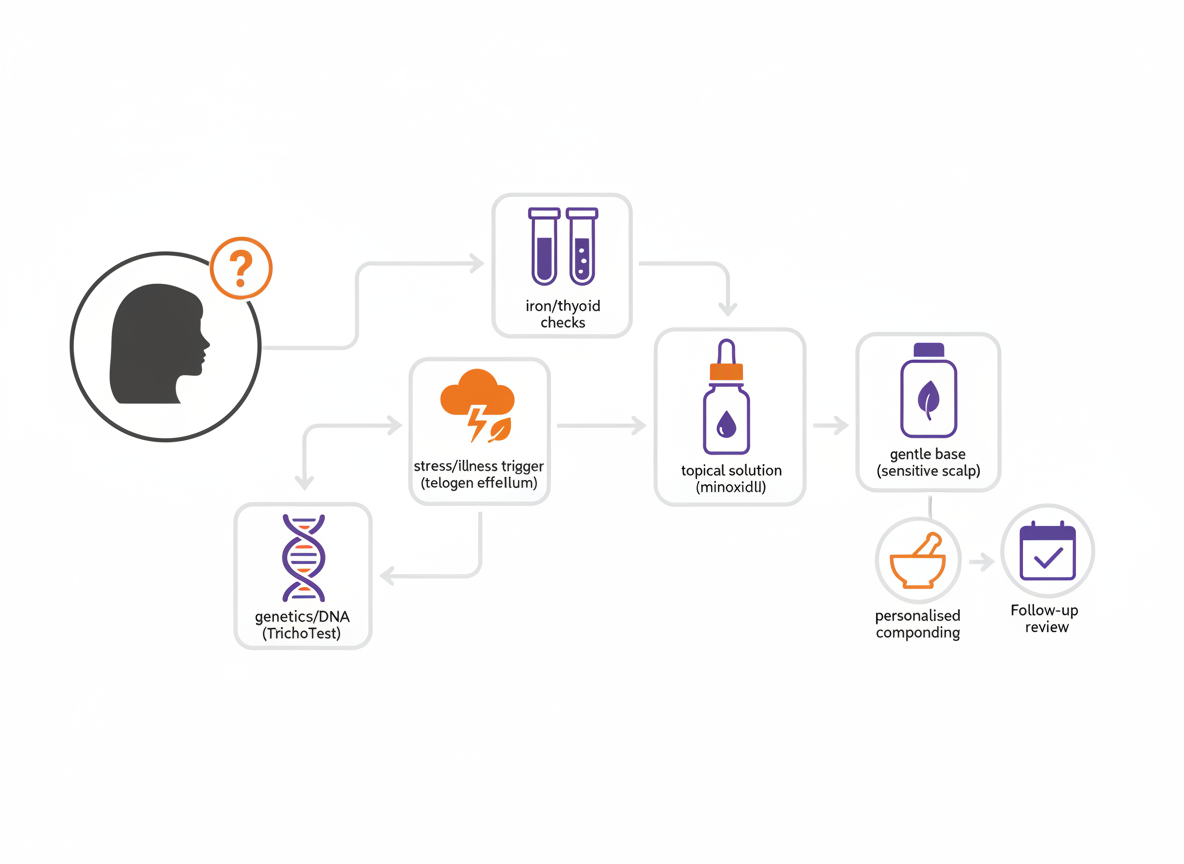Visual flow diagram showing diagnosis, tests, triggers, genetics, treatment options, and follow-up review without text. courierpharmacy.co.uk