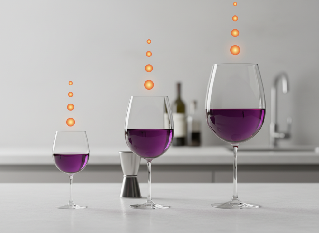 Three wine glasses side by side with different fill levels and unit symbols, showing how pour size changes alcohol units for courierpharmacy.co.uk.
