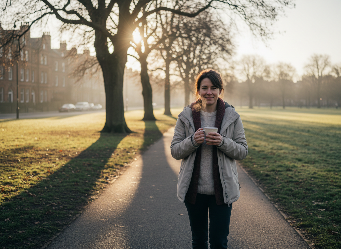 A person walking outside in gentle morning light holding a warm drink, reflecting gradual recovery from depression — courierpharmacy.co.uk.