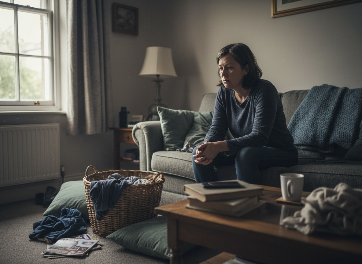 A person at home in soft window light looking tired and withdrawn, showing how depression can affect daily life — courierpharmacy.co.uk.