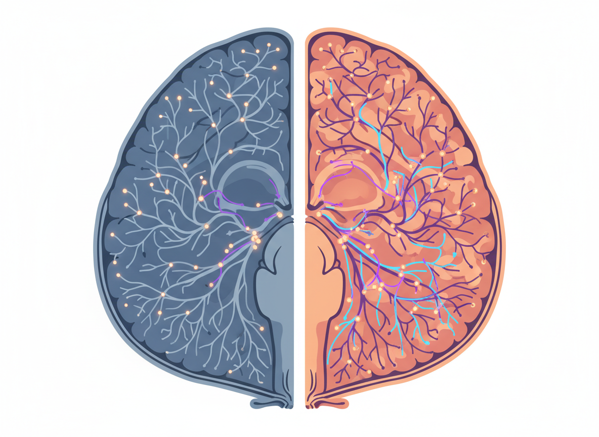 A clean medical illustration of brain pathways with glowing particles and arrows, showing changes over time in depression — courierpharmacy.co.uk.
