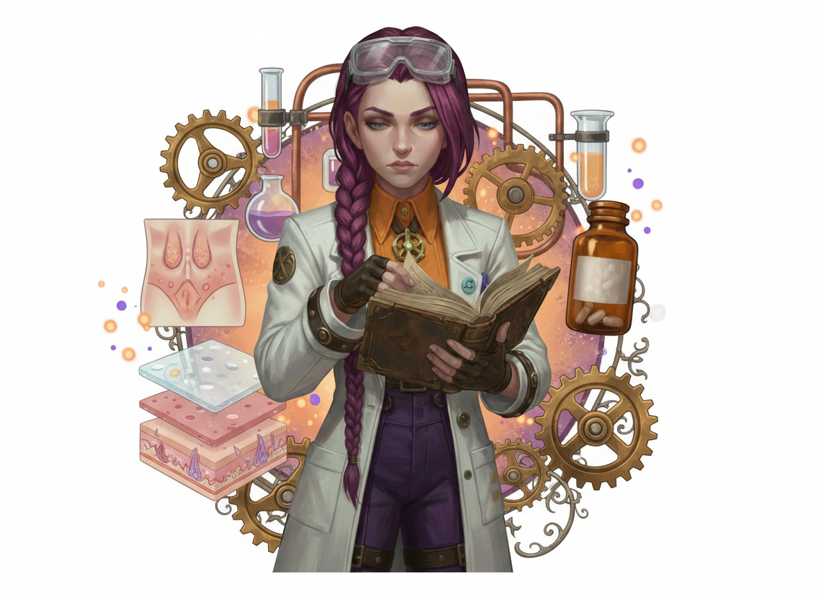 Dr Ada Jex Cori reading a medical book in a steampunk lab collage with skin fragility and inflammation motifs and unbranded capsules, for Hailey–Hailey disease and LDN on courierpharmacy.co.uk.