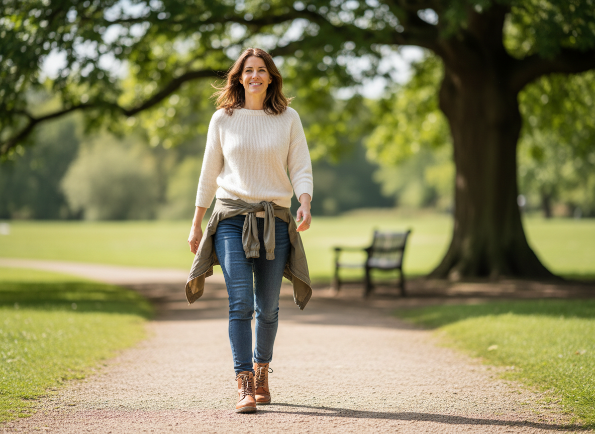 A woman enjoying a relaxed walk in a UK park, showing the benefits of pain-free living with pain relief support from courierpharmacy.co.uk.