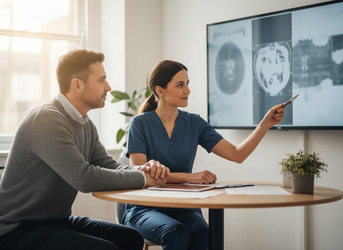 Real-life healthcare scene showing a clinician reviewing MRI images with a patient in a calm consultation setting — courierpharmacy.co.uk.