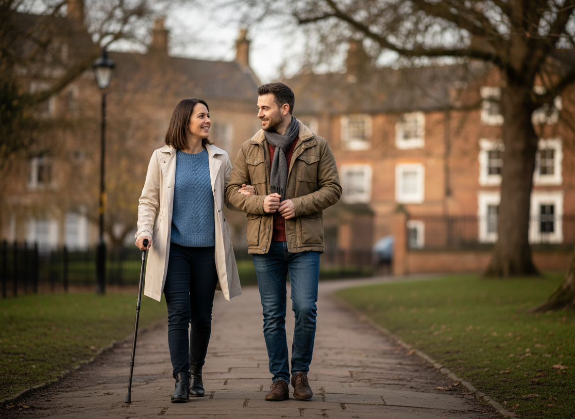 Real-life image of a person smiling gently while walking outdoors with a supportive friend/partner, conveying steadier confidence living with MS — courierpharmacy.co.uk.
