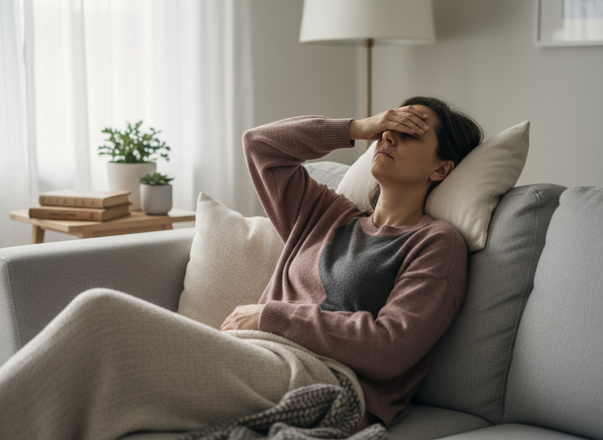 Real-life editorial photo of a person with MS resting on a sofa in daylight, looking exhausted but not “ill-looking”, conveying invisible fatigue — courierpharmacy.co.uk.