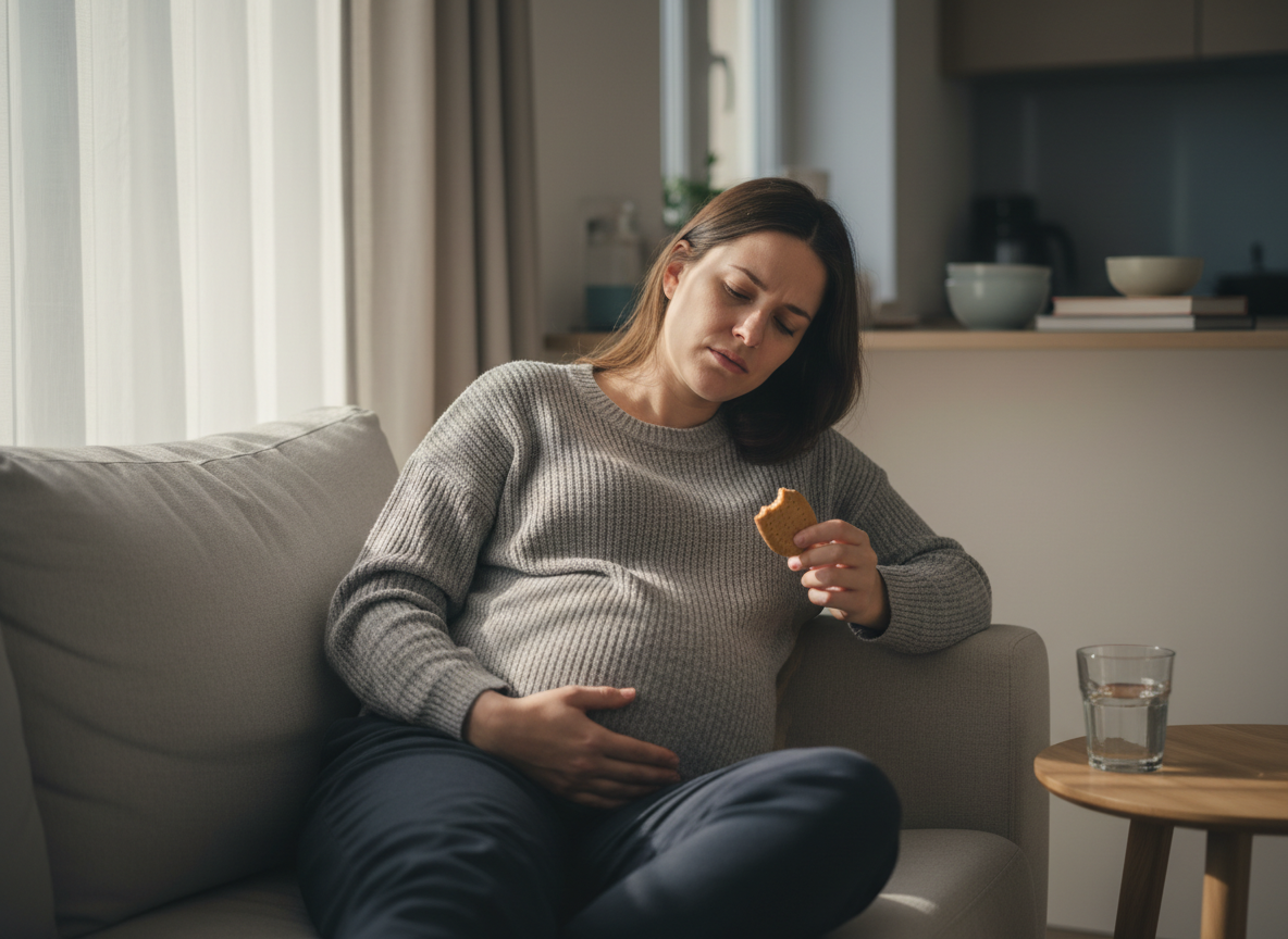 Real-life editorial photo of a pregnant woman experiencing nausea during the day, showing the reality of morning sickness. courierpharmacy.co.uk