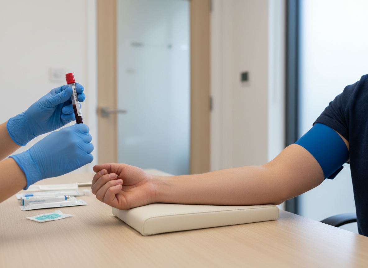  A clinician prepares a blood draw in a clean clinic setting, focusing on hands and the patient’s arm. courierpharmacy.co.uk