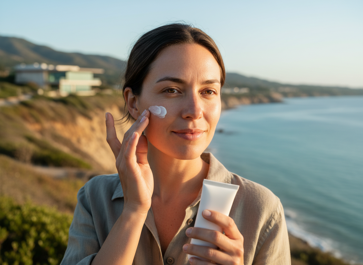 Realistic photo-style image of a person outdoors in soft daylight applying sunscreen, looking confident and comfortable, with a subtle healthcare context. courierpharmacy.co.uk