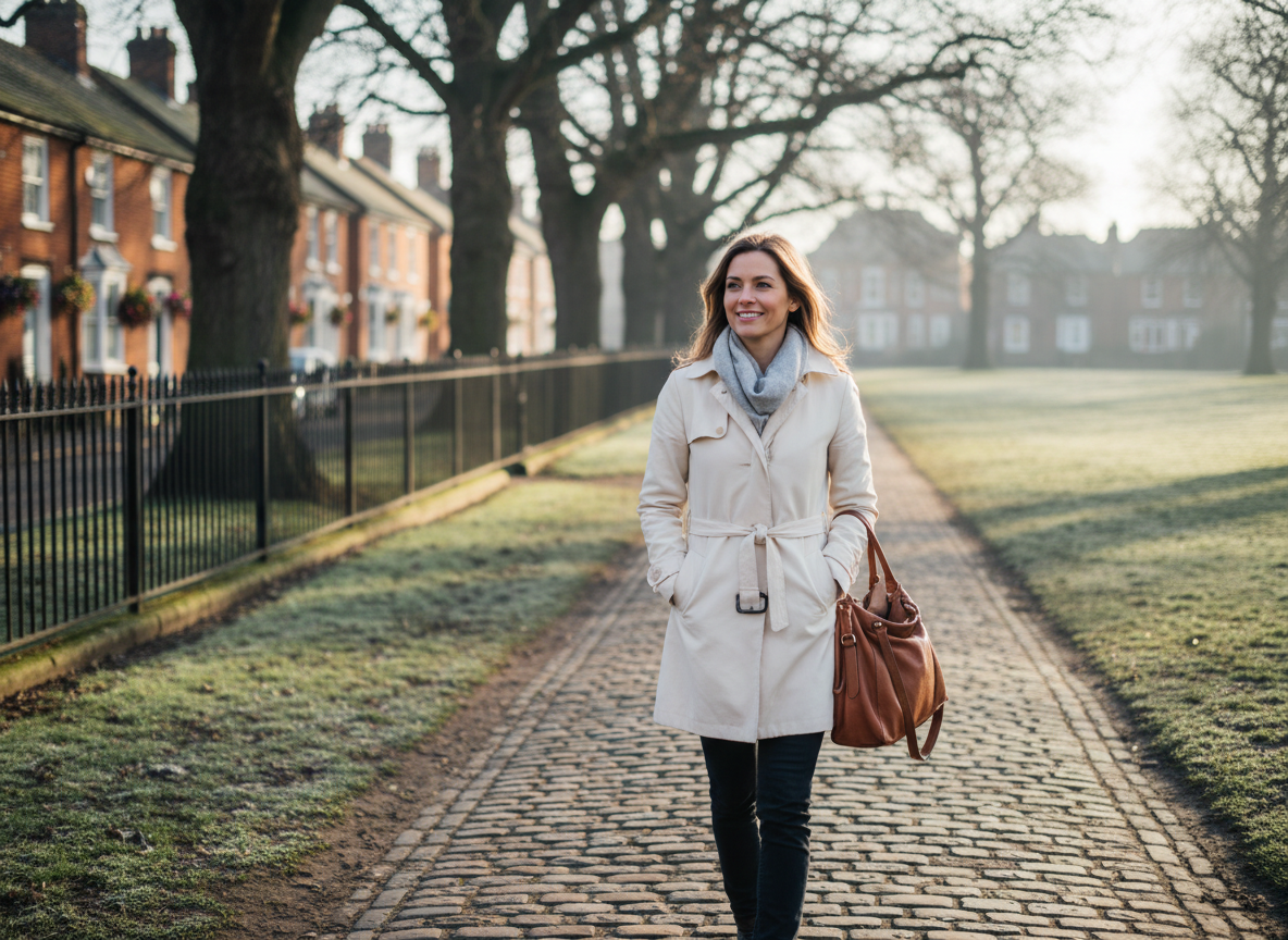 A woman outdoors on a crisp morning looking more energised and clear-headed, with a relaxed, hopeful expression. courierpharmacy.co.uk