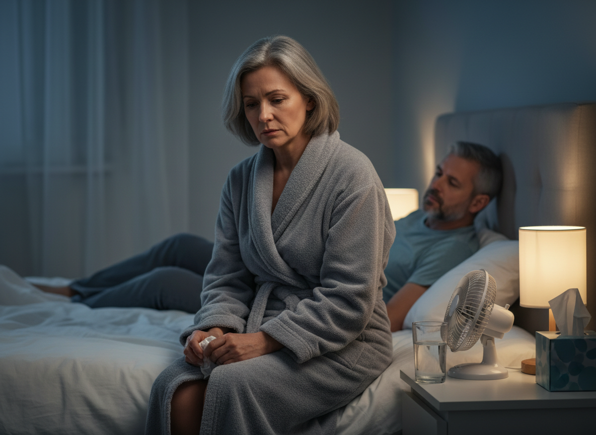 Woman in a dressing gown sitting on the edge of a bed at night looking worried, with her partner in the background, showing the quiet emotional impact of menopause-related low libido — courierpharmacy.co.uk.