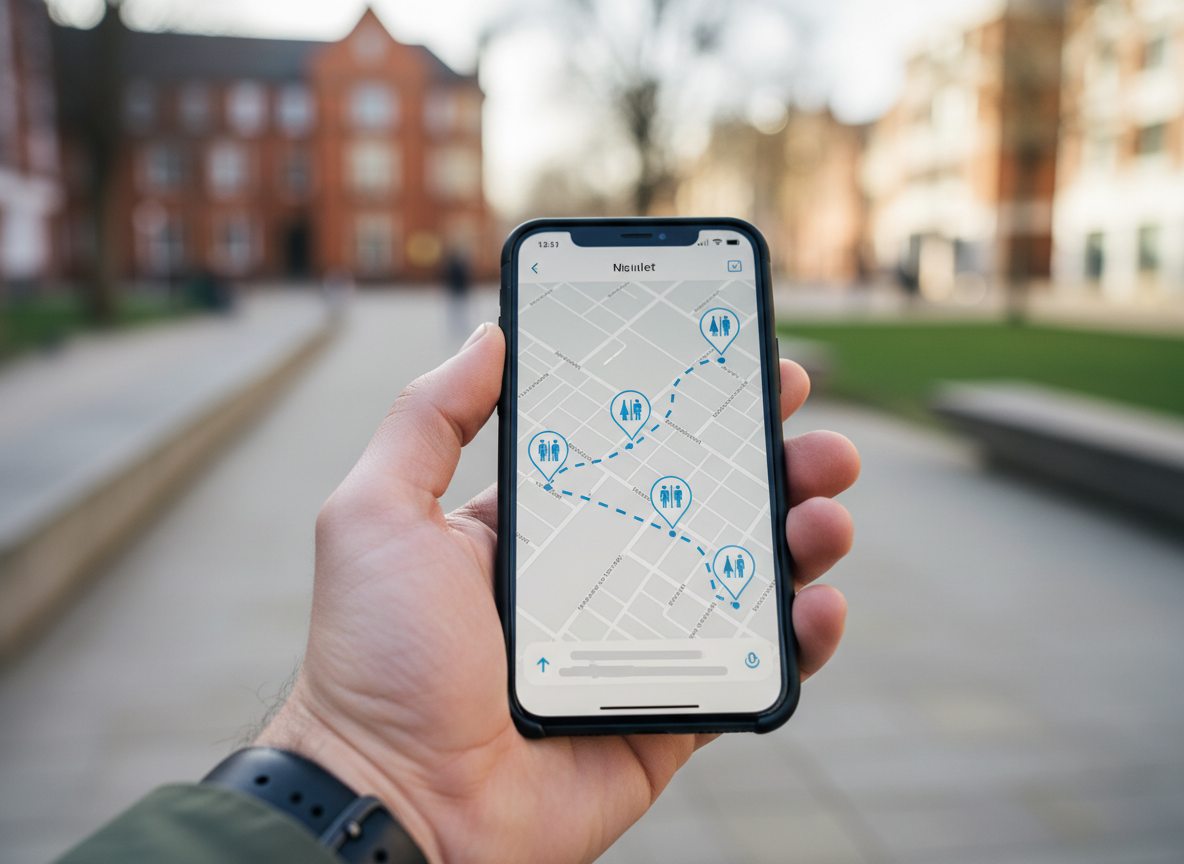 Hand holding a smartphone showing a map with multiple toilet location pins and a route line, illustrating planning around urinary urgency. courierpharmacy.co.uk