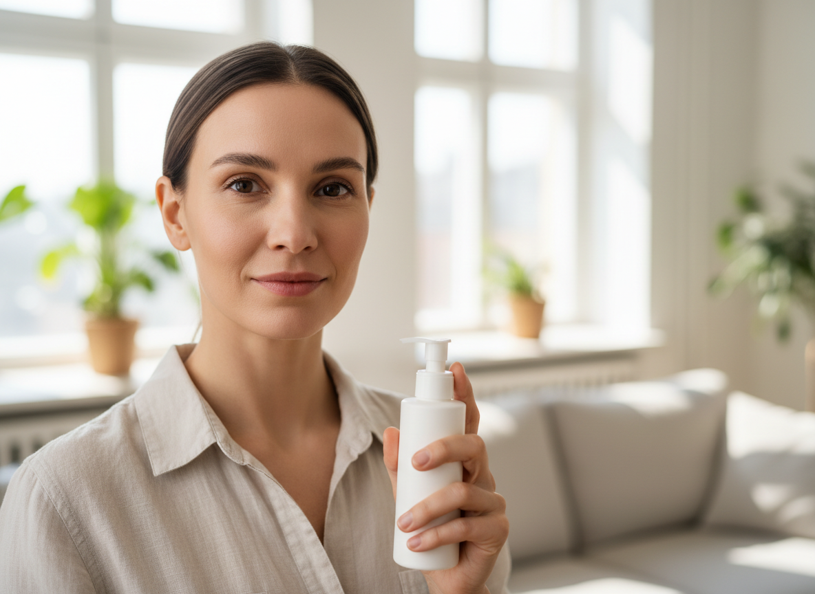 Person with clear, healthy-looking skin in soft daylight holding an unbranded skincare product, showing a natural post?tretinoin glow — courierpharmacy.co.uk