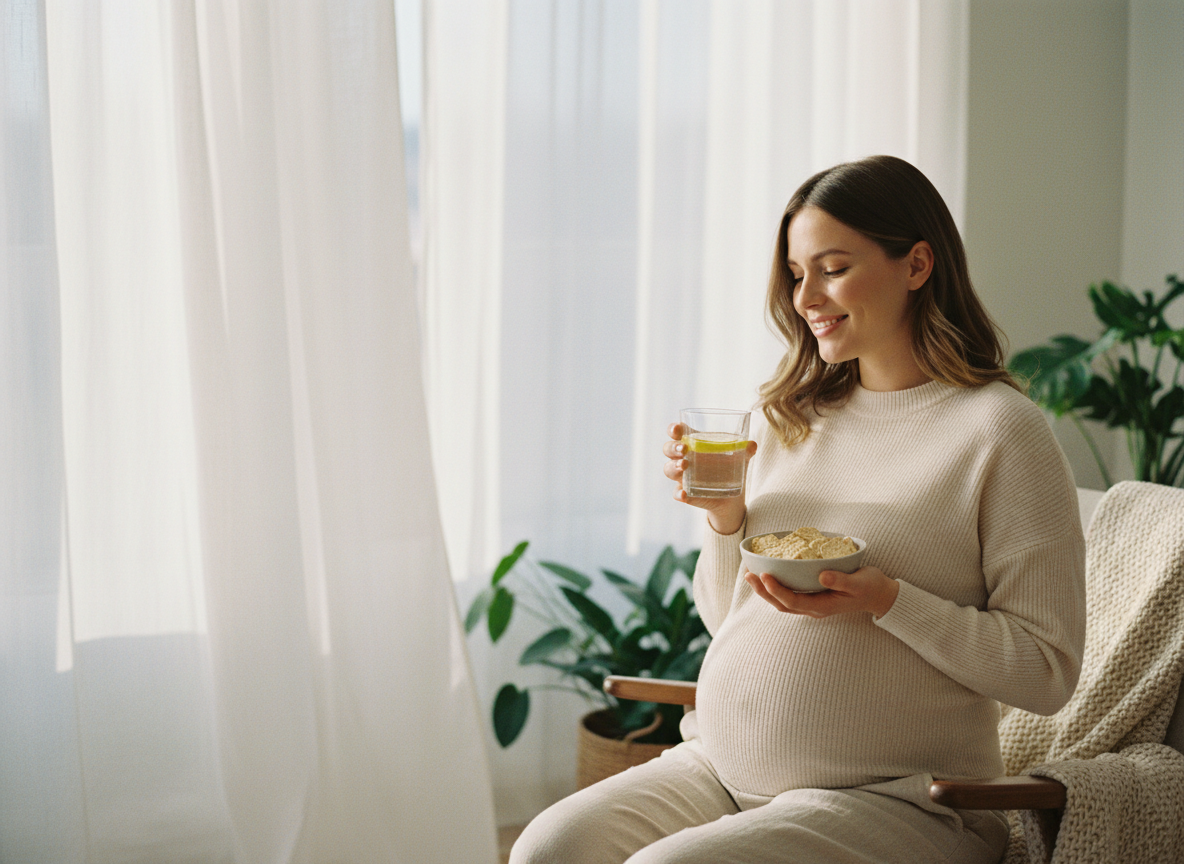 Real-life image of a pregnant woman looking relieved after finding effective support for pregnancy nausea. courierpharmacy.co.uk