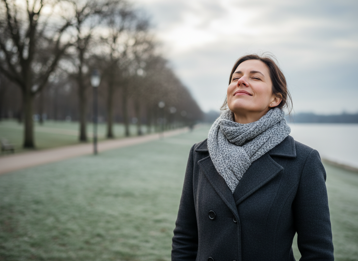 Person outdoors in cool fresh air looking relieved and breathing more easily, suggesting sinusitis recovery. courierpharmacy.co.uk