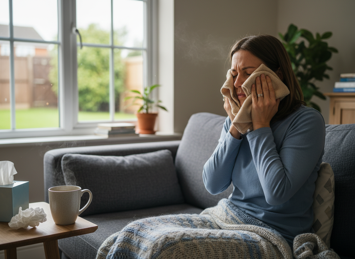 Person at home holding a warm flannel to their face with tissues and a warm drink nearby, showing sinus pressure discomfort. courierpharmacy.co.uk