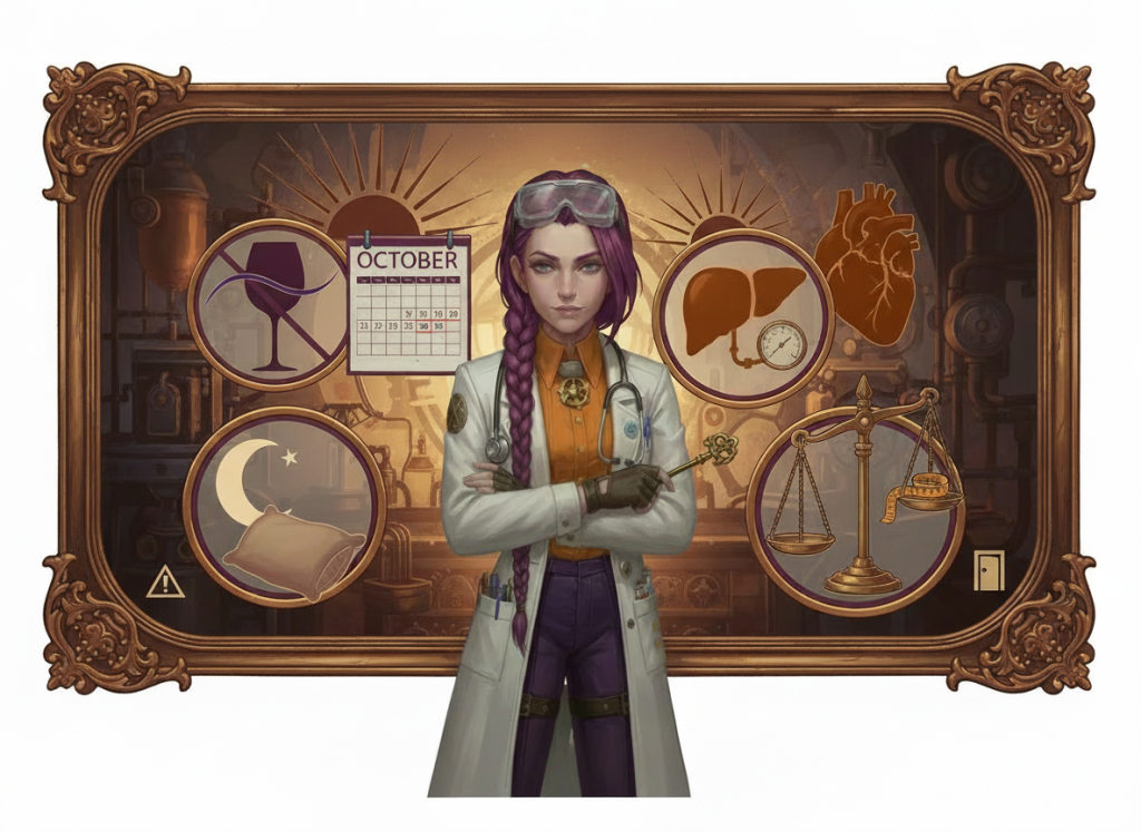 Text: Dr Ada Jex Cori in a steampunk lab surrounded by visual symbols for Sober October benefits, safety checks, and habit change.