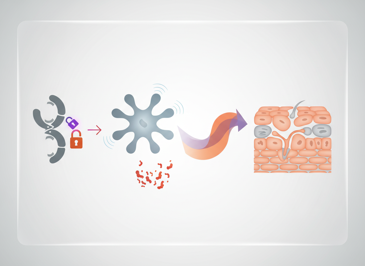 Technical infographic-style image showing receptor and inflammation pathway shapes calming and skin cells reconnecting, representing low-dose naltrexone (LDN) mechanism concepts on courierpharmacy.co.uk.