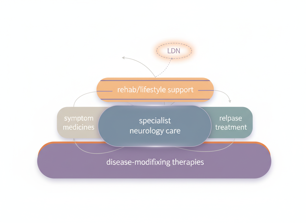 Technical pathway diagram showing MS care layers: DMTs, relapse treatment, symptom medicines, rehab/lifestyle support, with LDN as an optional add-on layer — courierpharmacy.co.uk.