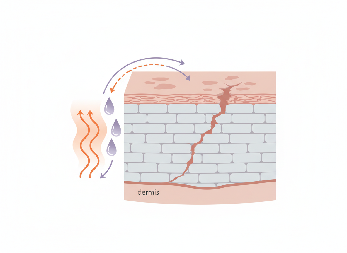 Technical cutaway diagram-style image of skin layers with loosely connected cells and trigger motifs like heat waves and moisture droplets, explaining Hailey–Hailey disease on courierpharmacy.co.uk.