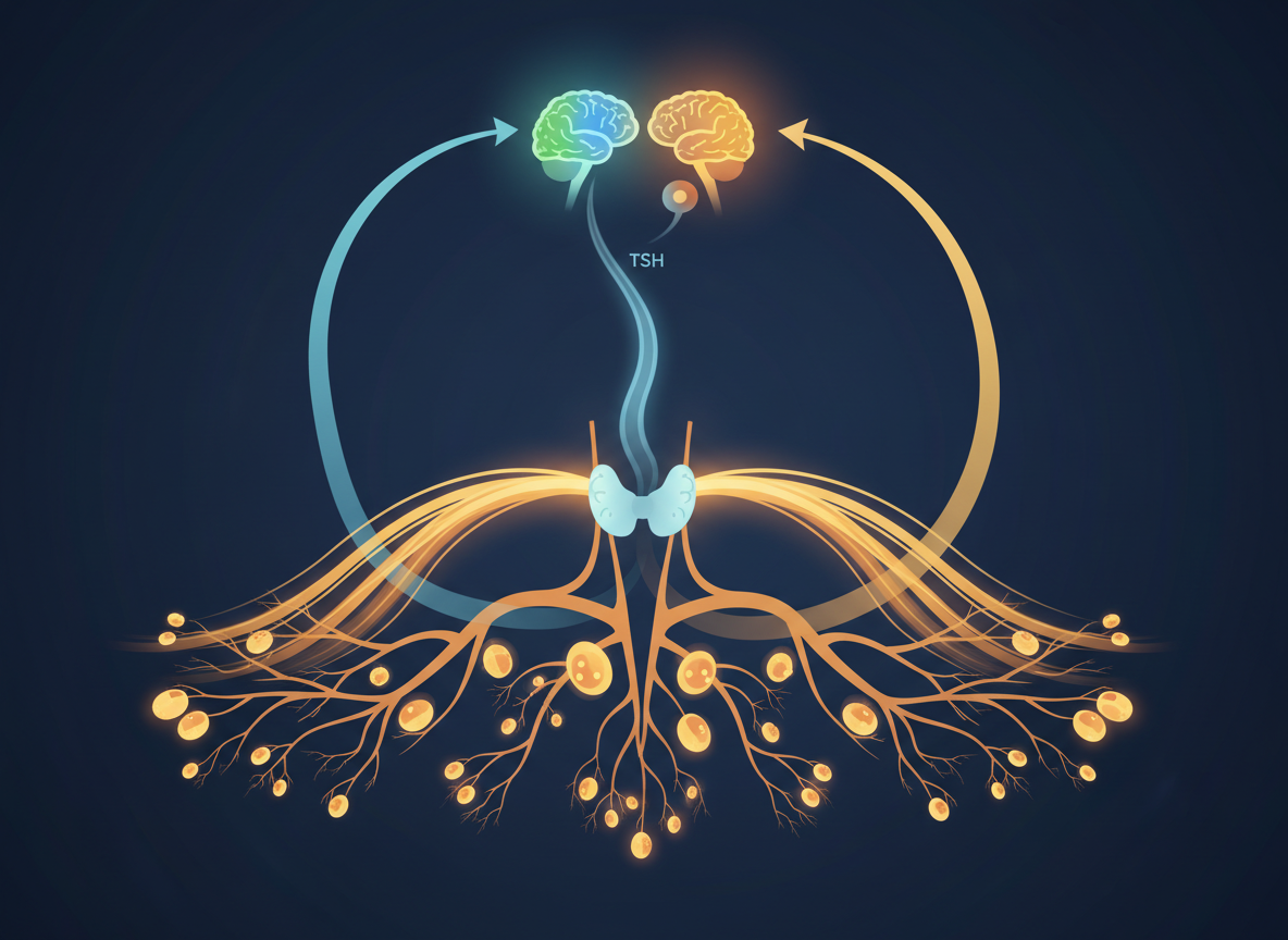 A clean diagram-style illustration showing the brain/pituitary signalling the thyroid, thyroid hormone moving into the bloodstream, and feedback returning to the brain using flowing lines and colour shifts. courierpharmacy.co.uk
