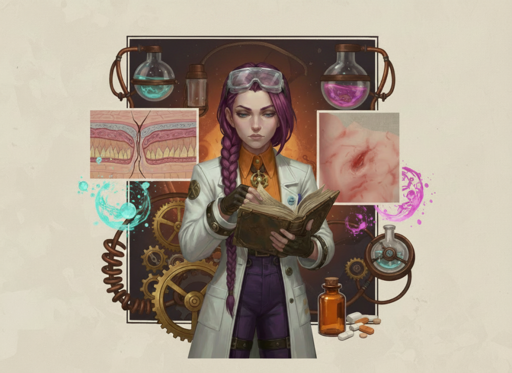 Dr Ada Jex Cori reading a medical book in a steampunk lab collage with skin-layer imagery, inflammation symbols, and low-dose naltrexone capsules, representing Hailey–Hailey disease support on courierpharmacy.co.uk.