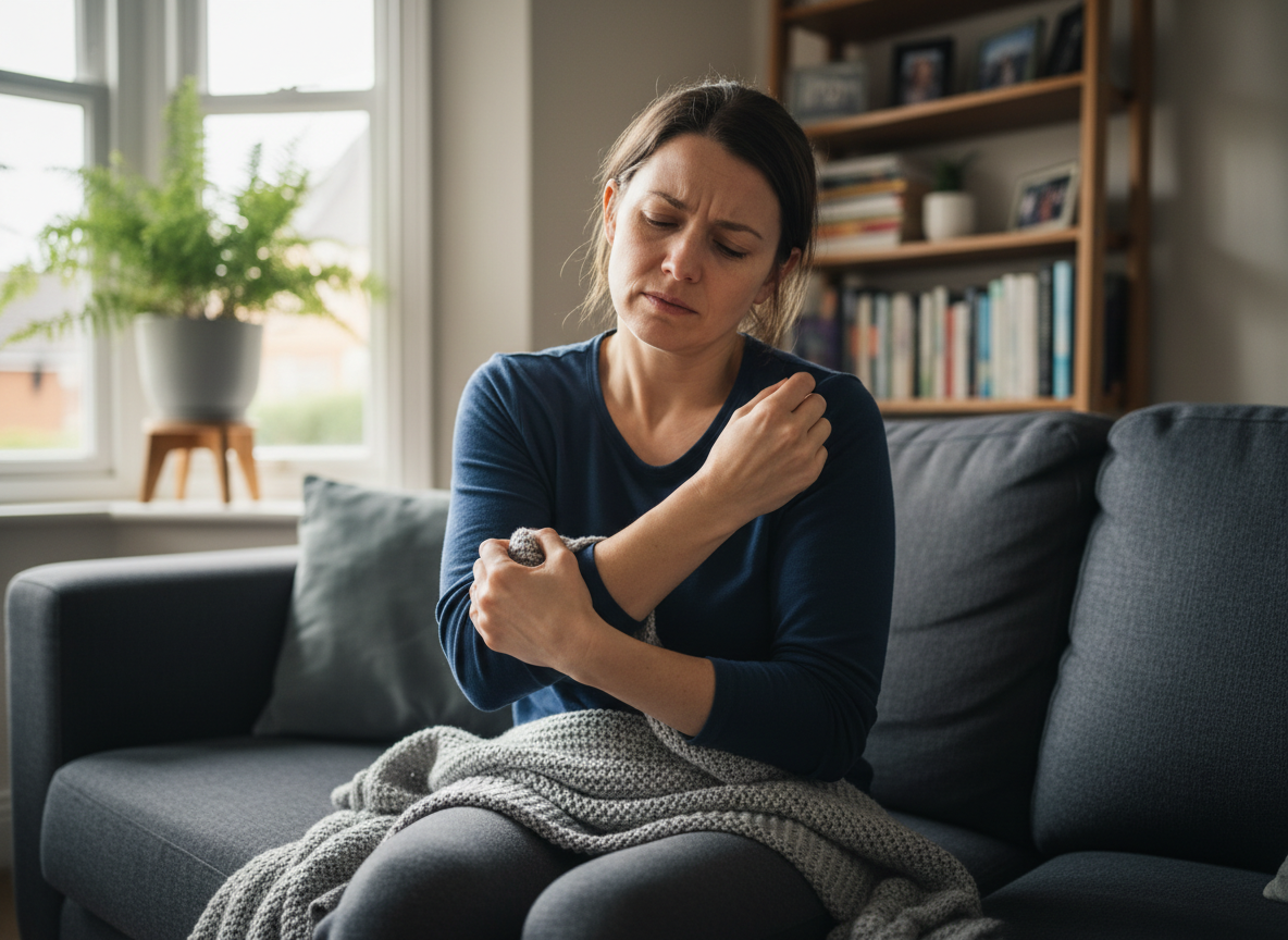 Real-life editorial photo of a person at home in visible limb pain, guarding the affected area with signs of touch sensitivity, courierpharmacy.co.uk