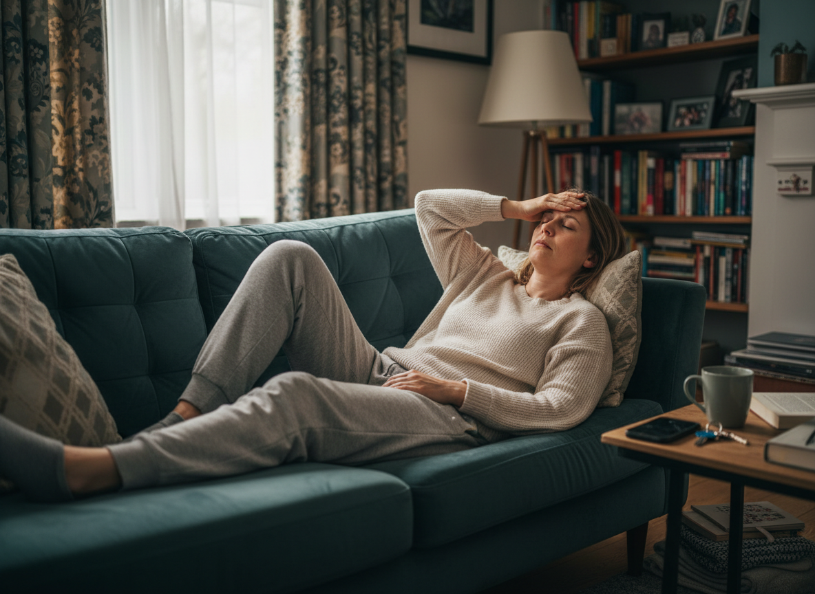 Real-life editorial photo of a person at home wiped out on a sofa or bed after activity, showing ME/CFS crash and overwhelm, courierpharmacy.co.uk