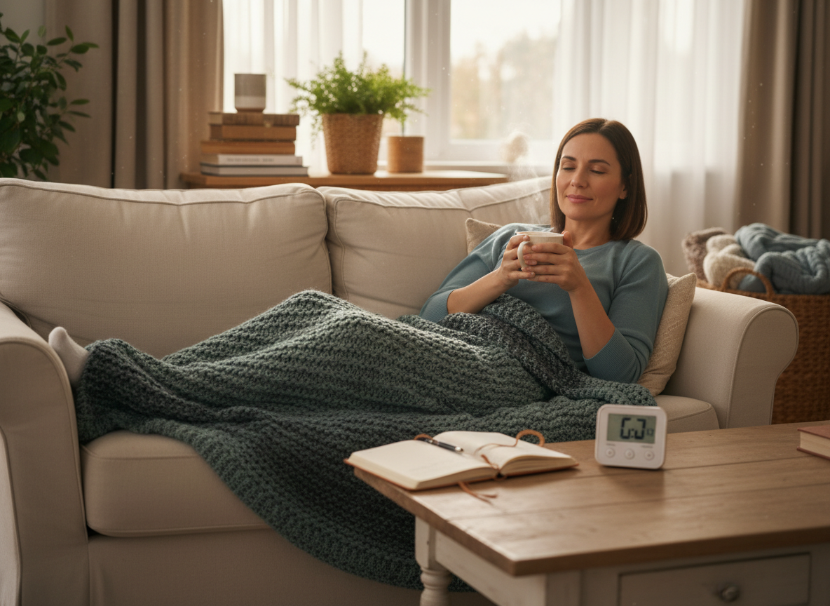 Real-life editorial photo of a person resting intentionally with pacing tools and a calm expression, showing a small moment of relief in ME/CFS, courierpharmacy.co.uk