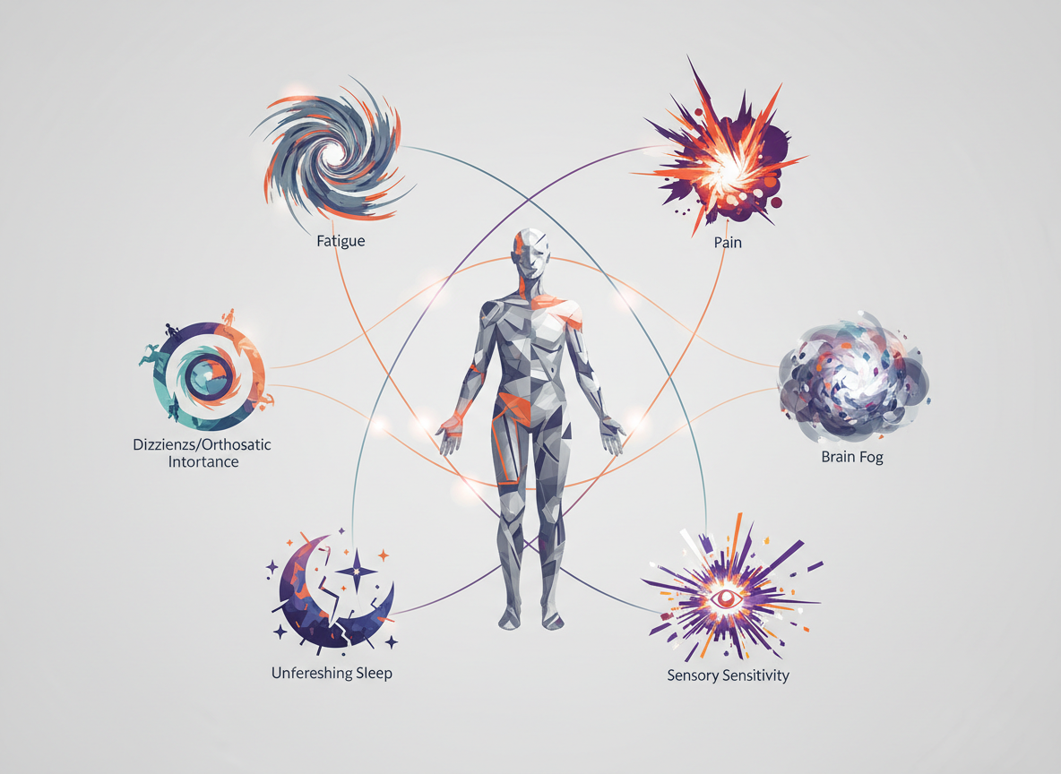 Technical diagram-style image showing a body silhouette with connected symptom clusters representing ME/CFS patterns, courierpharmacy.co.uk