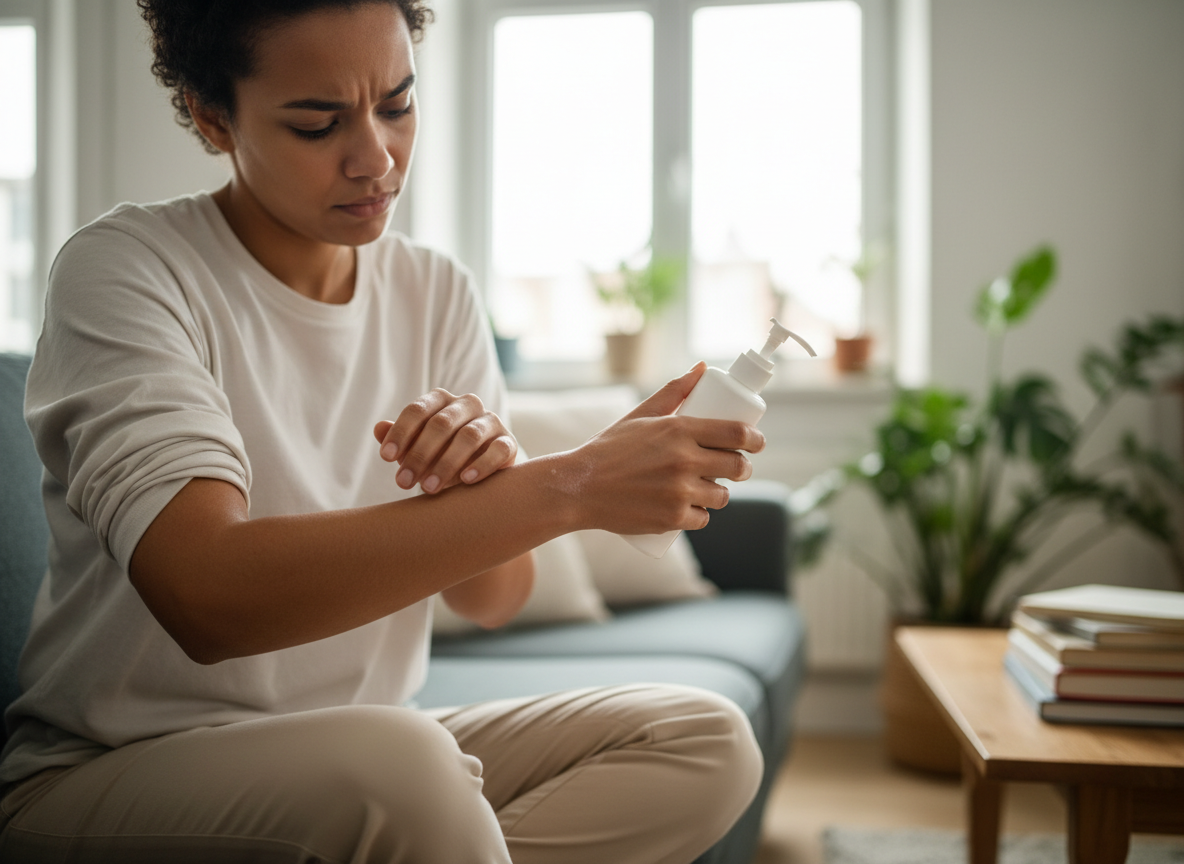 Real-life editorial photo of a person at home dealing with a psoriasis flare and skin discomfort, courierpharmacy.co.uk