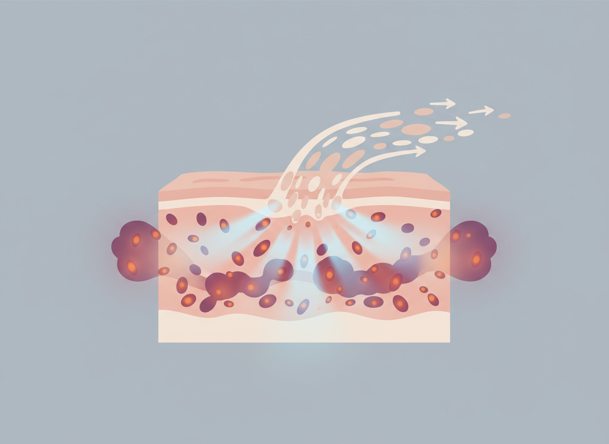 Technical diagram-style image showing layered skin, accelerated turnover concept and inflammatory signalling in psoriasis, courierpharmacy.co.uk