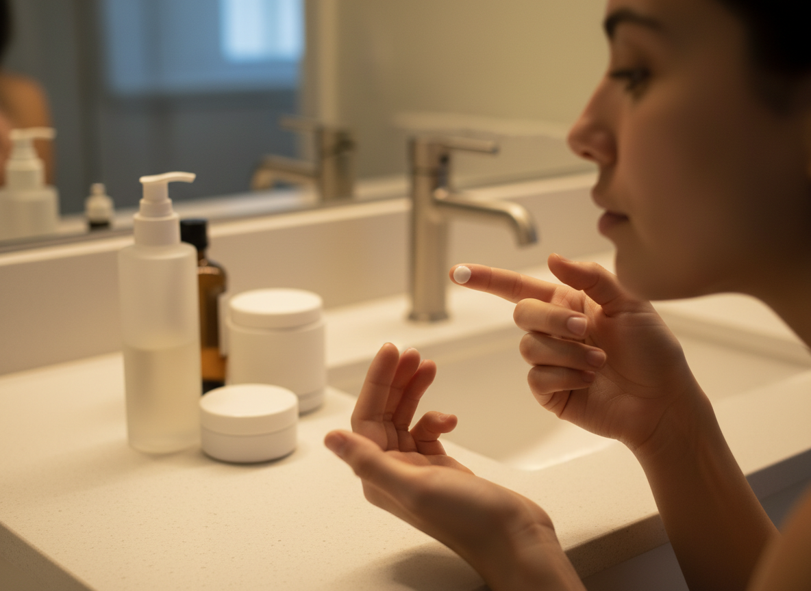 courierpharmacy.co.uk real-life photo of a person holding a pea-sized amount of cream on a fingertip during an evening skincare routine with unbranded products nearby