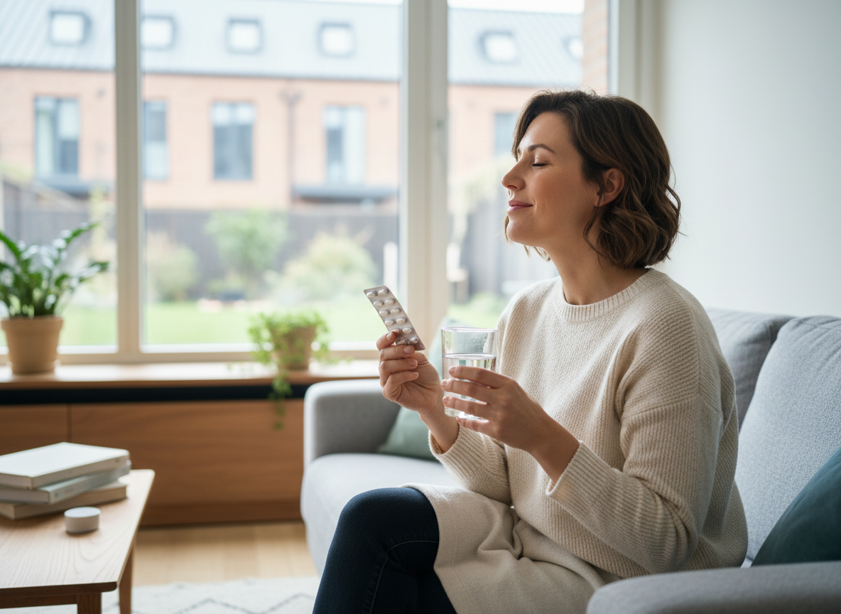 Person looking relieved after starting UTI treatment, holding water and medication in a calm home setting for courierpharmacy.co.uk.