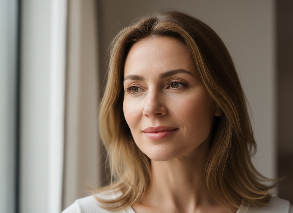 courierpharmacy.co.uk close-up portrait of an adult woman with radiant, smooth, even-looking skin in soft natural light