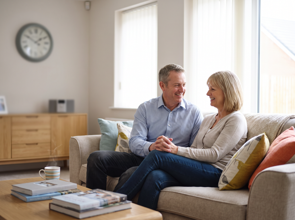 A couple at home preparing for an evening out, relaxed and affectionate, representing tadalafil’s flexible timing on courierpharmacy.co.uk.